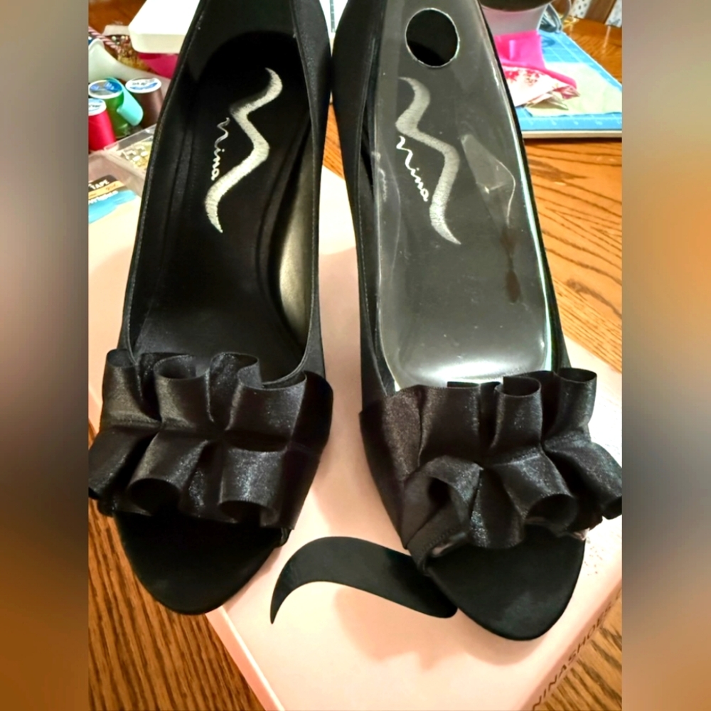 Nina Black Satin Peep-Toe Heels